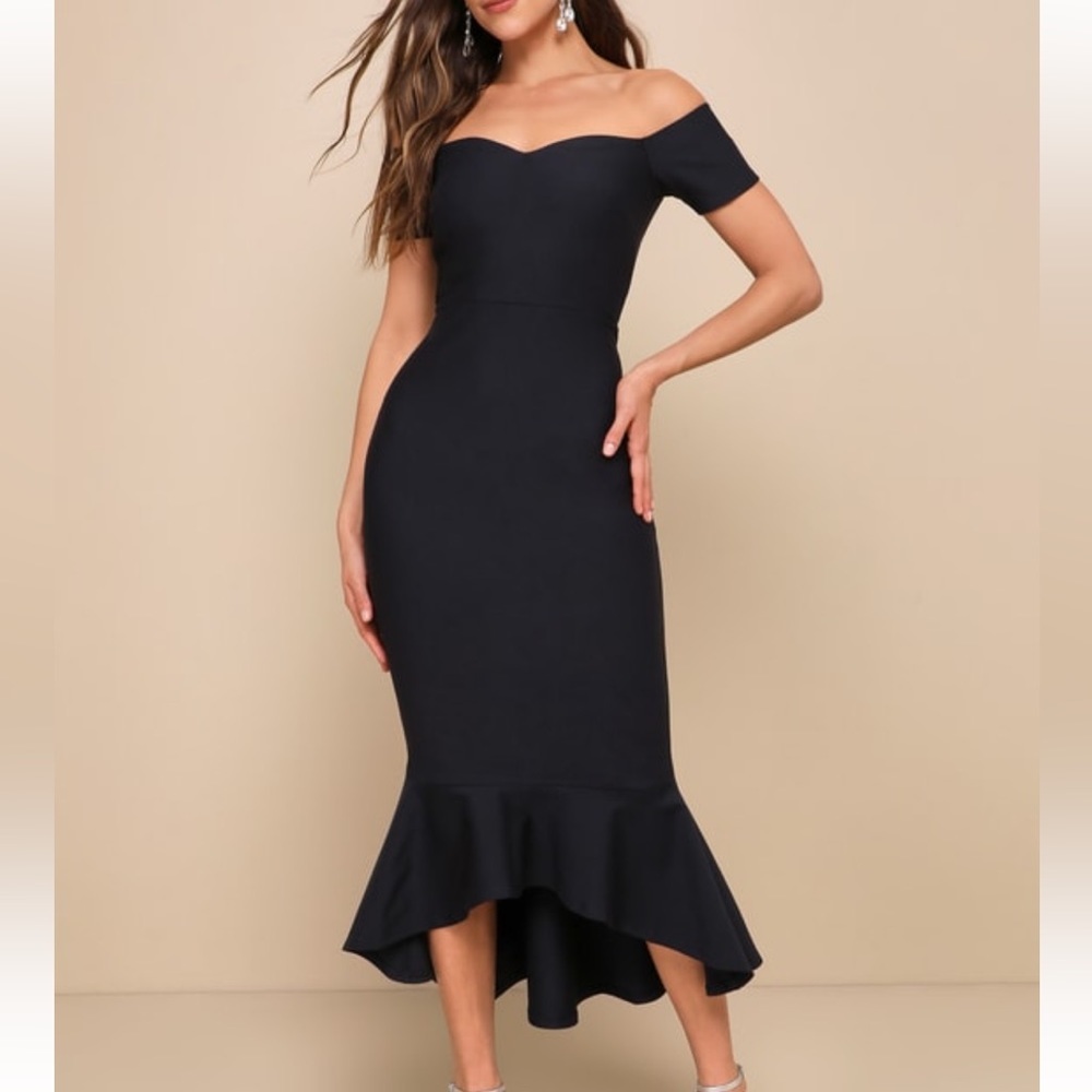 A2 -#121 Lulus Midnight Blue Off-the-Shoulder Midi Dress mermaid dress sml